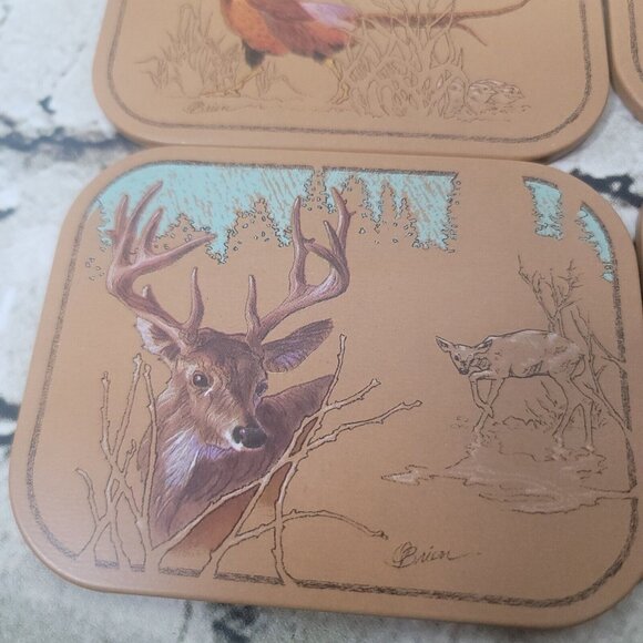 Vtg AVON Set of 4 Bar Outdoorsman Wildlife Tom O'Brien COASTERS w Felt Back NIB - Picture 6 of 8